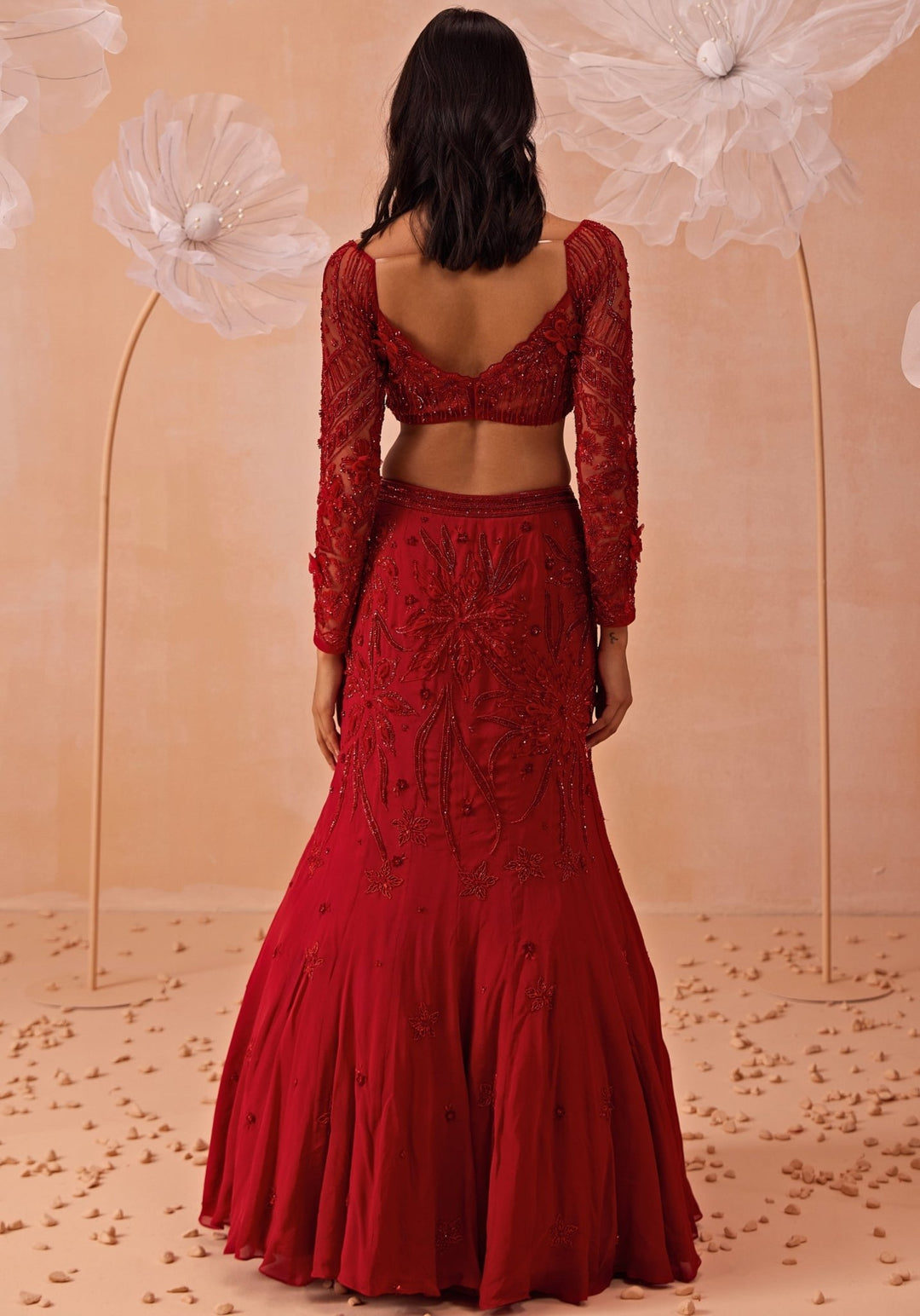 Red Embroidered Fishcut Lehenga Set Parul Gandhi - Fabilicious Fashion