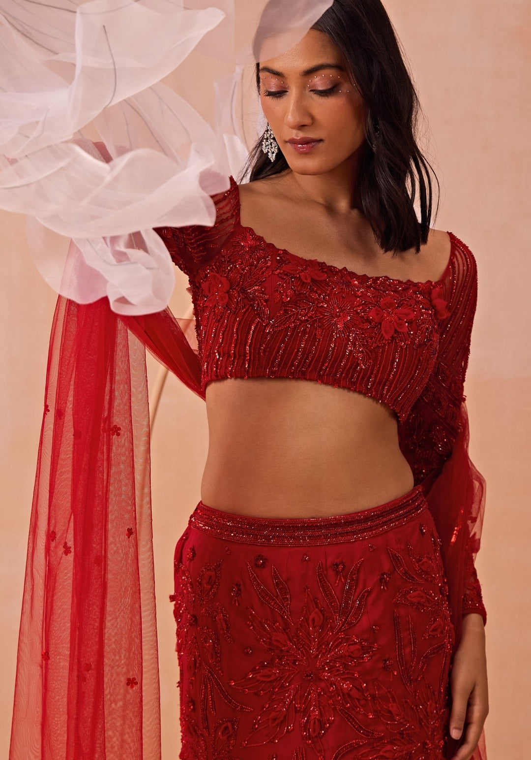 Red Embroidered Fishcut Lehenga Set Parul Gandhi - Fabilicious Fashion