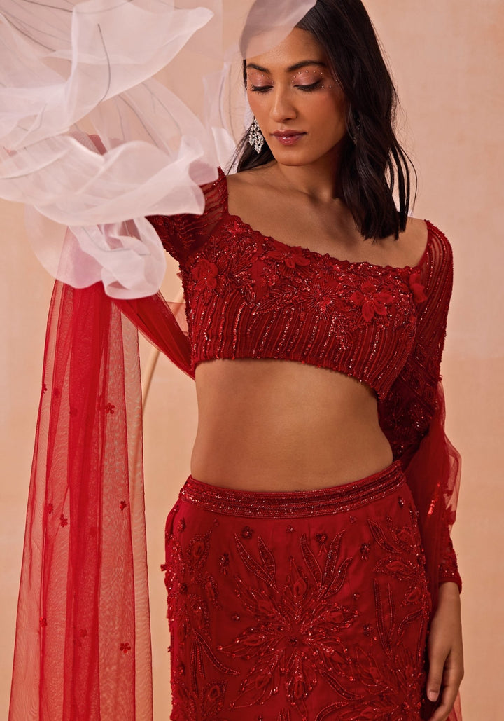 Red Embroidered Fishcut Lehenga Set Parul Gandhi - Fabilicious Fashion