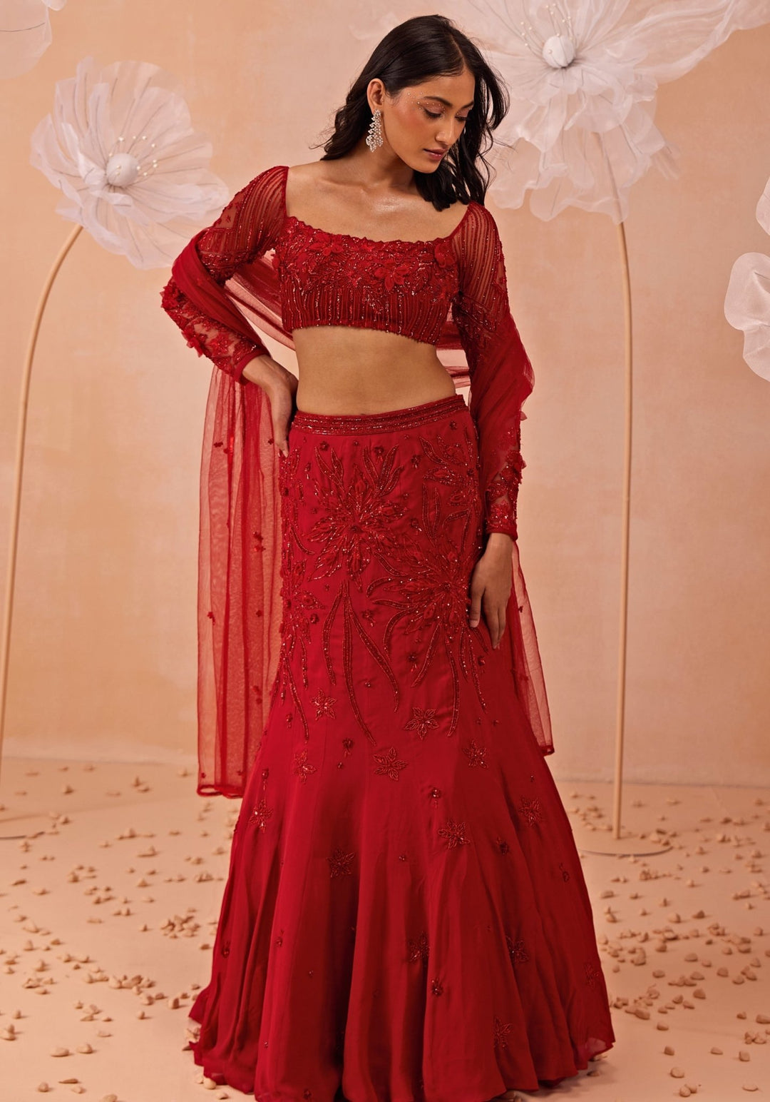 Red Embroidered Fishcut Lehenga Set Parul Gandhi - Fabilicious Fashion