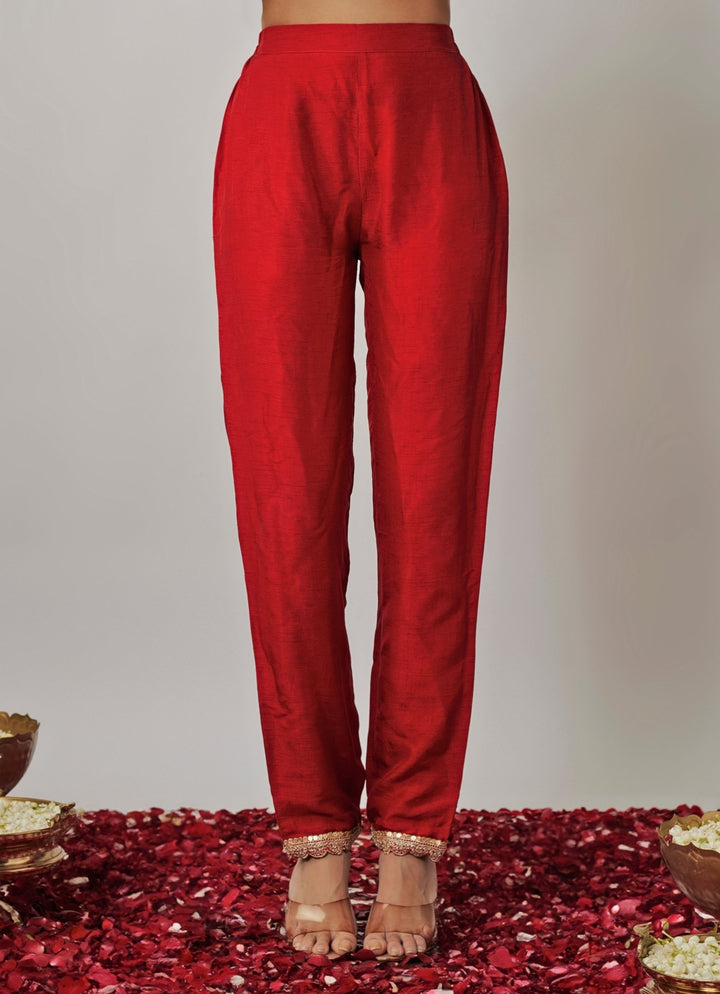 Red Embroidered Georgette Banarasi Kurta Pants Set Renee Label - Fabilicious Fashion