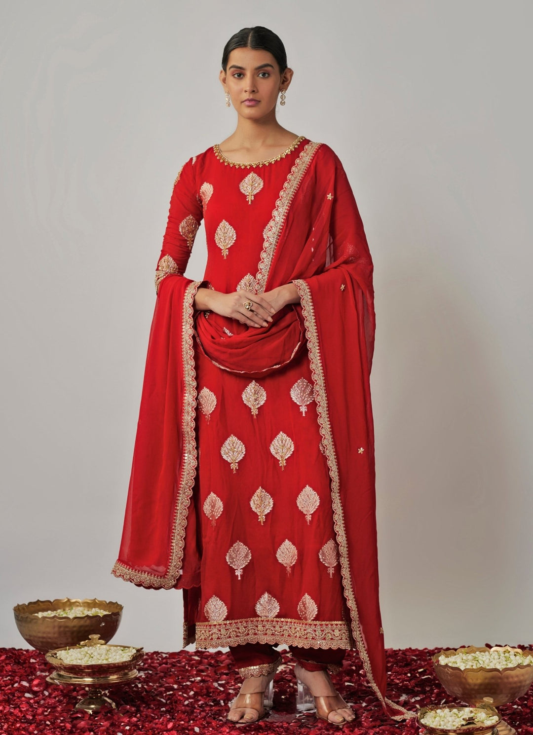 Red Embroidered Georgette Banarasi Kurta Pants Set Renee Label - Fabilicious Fashion