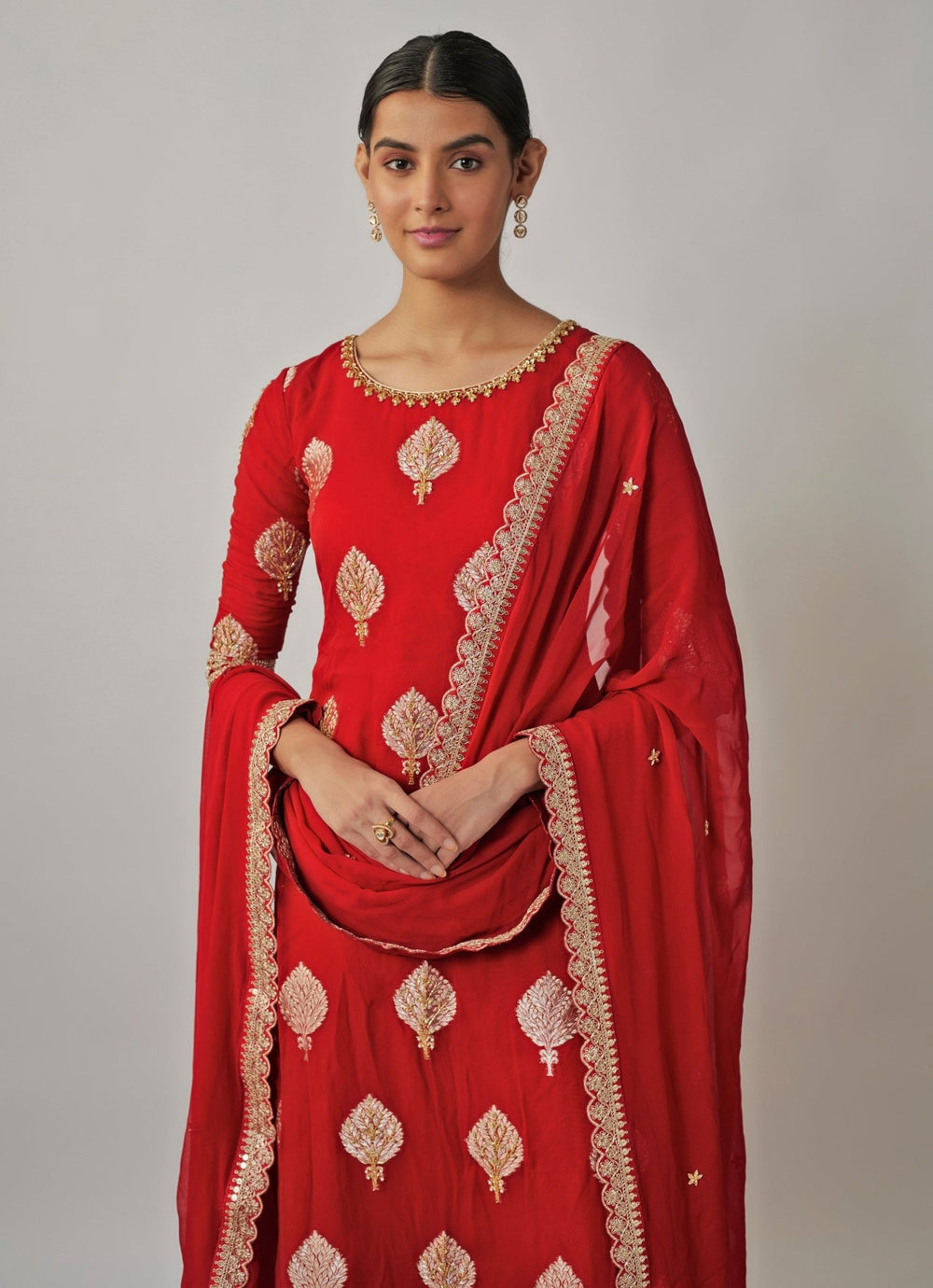 Red Embroidered Georgette Banarasi Kurta Pants Set Renee Label - Fabilicious Fashion