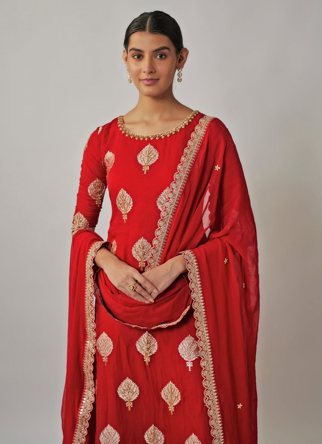 Red Embroidered Georgette Banarasi Kurta Pants Set Renee Label - Fabilicious Fashion
