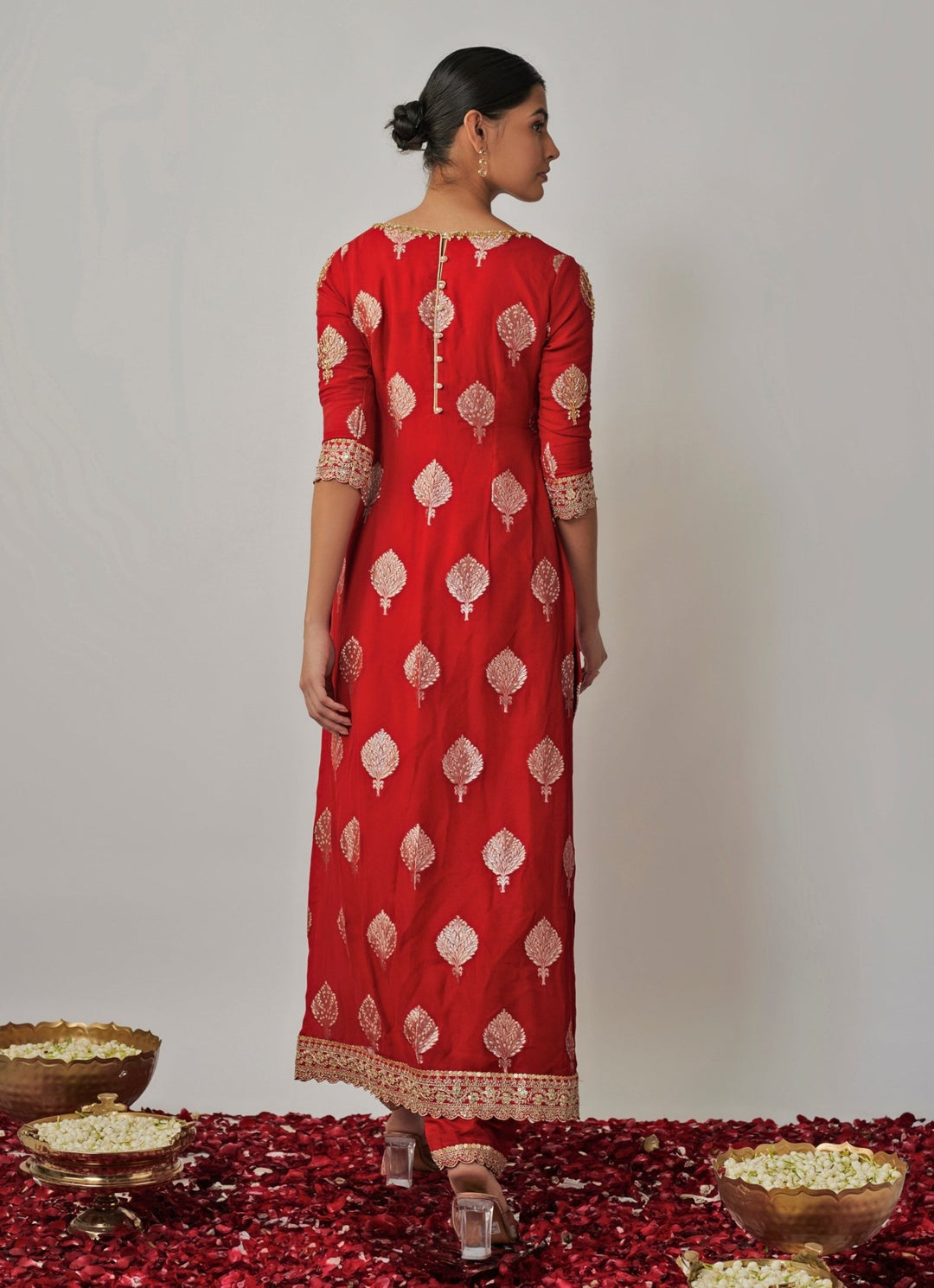 Red Embroidered Georgette Banarasi Kurta Pants Set Renee Label - Fabilicious Fashion