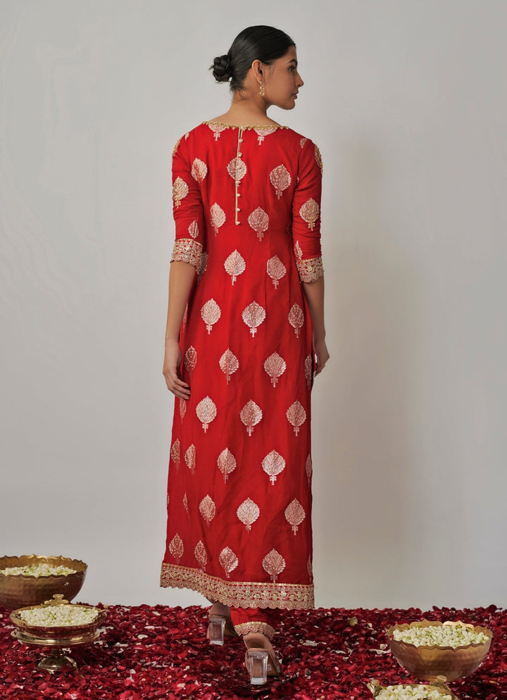 Red Embroidered Georgette Banarasi Kurta Pants Set Renee Label - Fabilicious Fashion