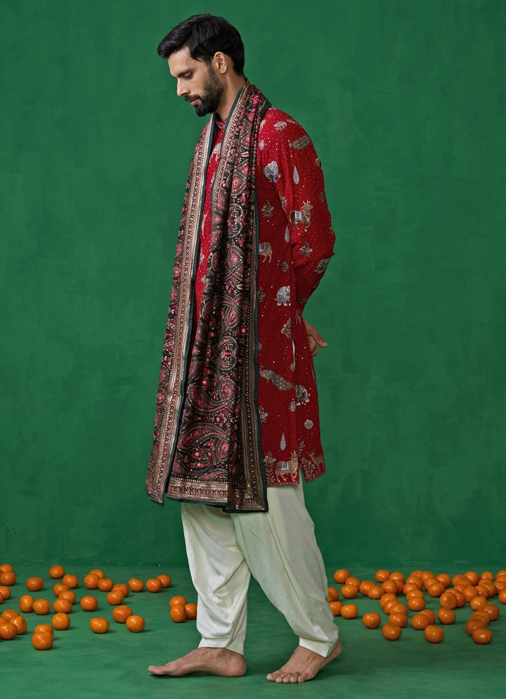 Red Embroidered Georgette Dhoti Kurta Set Kalpraag - Fabilicious Fashion