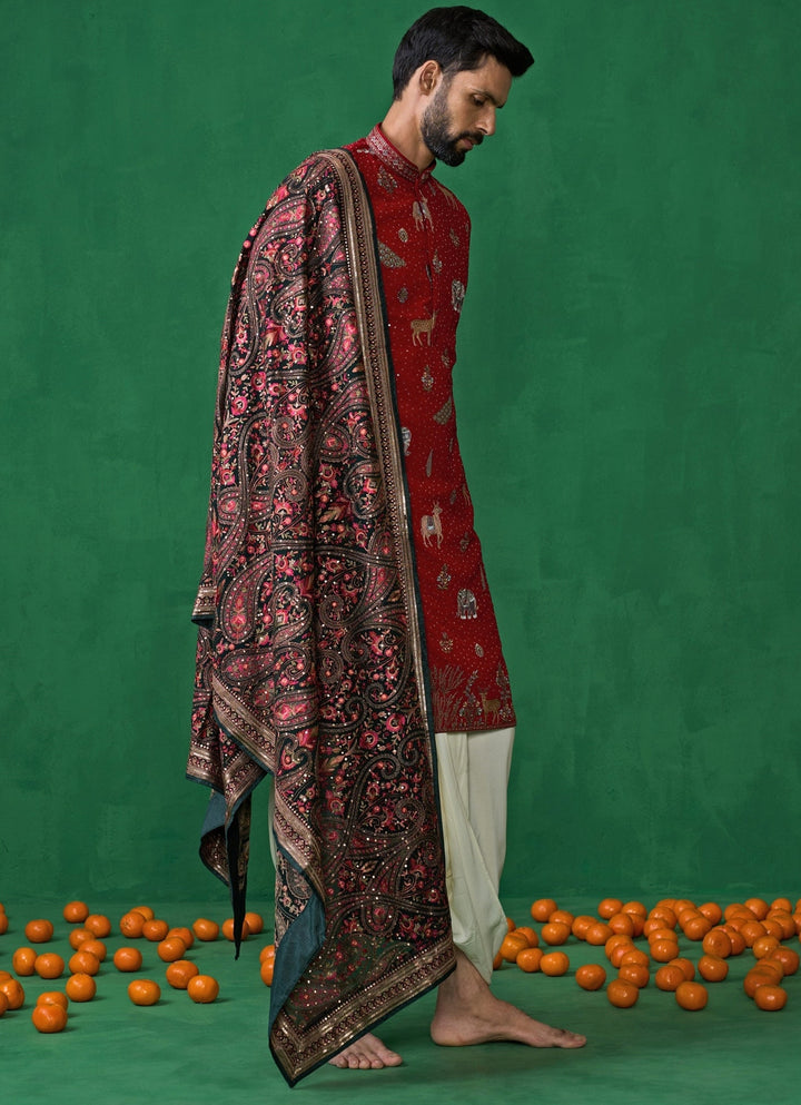 Red Embroidered Georgette Dhoti Kurta Set Kalpraag - Fabilicious Fashion