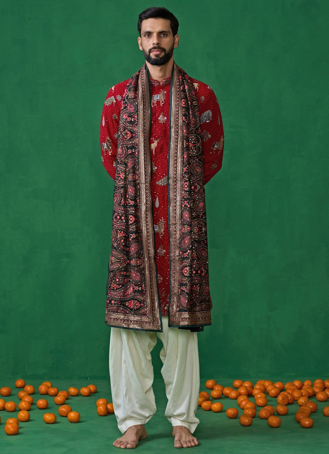 Red Embroidered Georgette Dhoti Kurta Set Kalpraag - Fabilicious Fashion