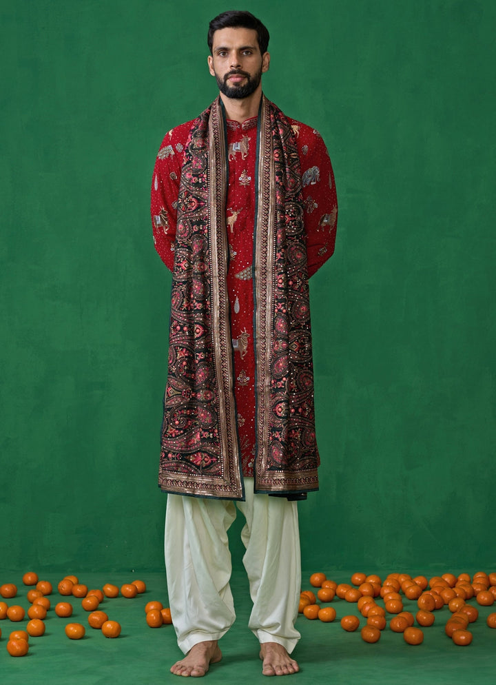 Red Embroidered Georgette Dhoti Kurta Set Kalpraag - Fabilicious Fashion