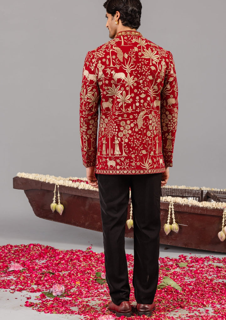 Red Embroidered Georgette Jodhpuri Set Kalpraag - Fabilicious Fashion