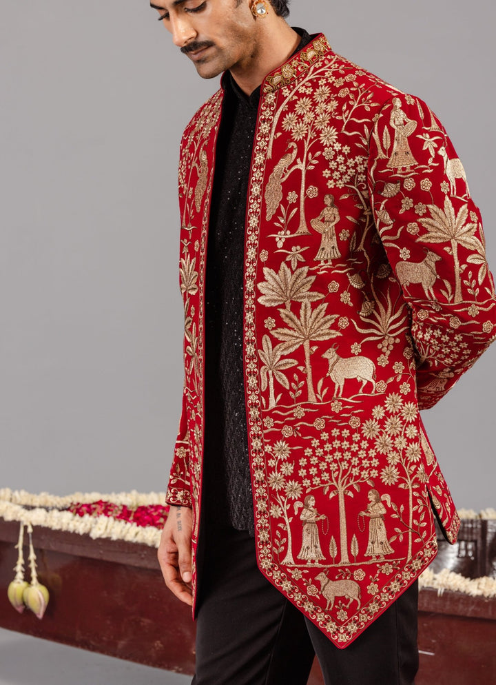 Red Embroidered Georgette Jodhpuri Set Kalpraag - Fabilicious Fashion