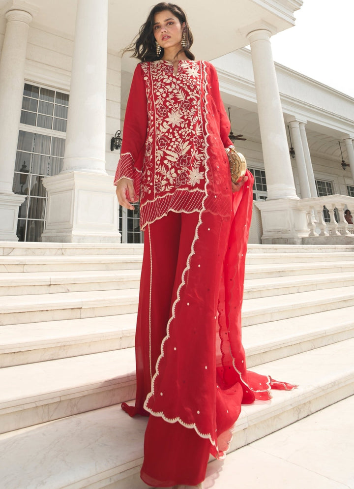 Red Embroidered Georgette Kurta Pant Set Sanya Gulati - Fabilicious Fashion