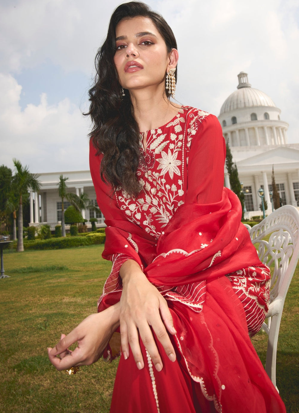 Red Embroidered Georgette Kurta Pant Set Sanya Gulati - Fabilicious Fashion