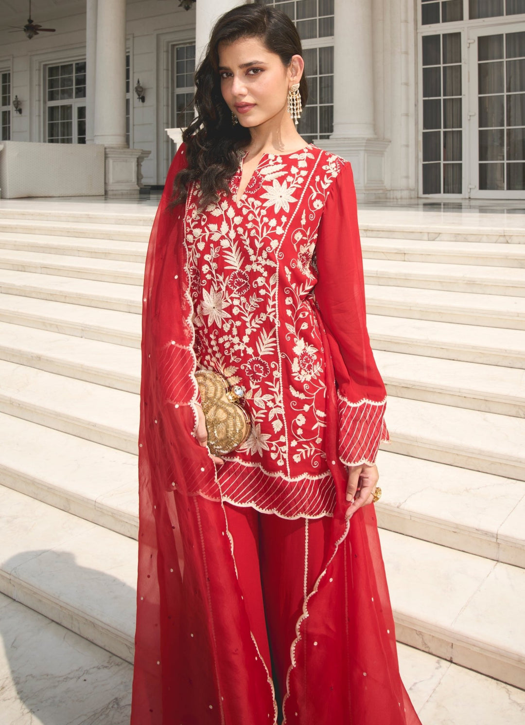 Red Embroidered Georgette Kurta Pant Set Sanya Gulati - Fabilicious Fashion