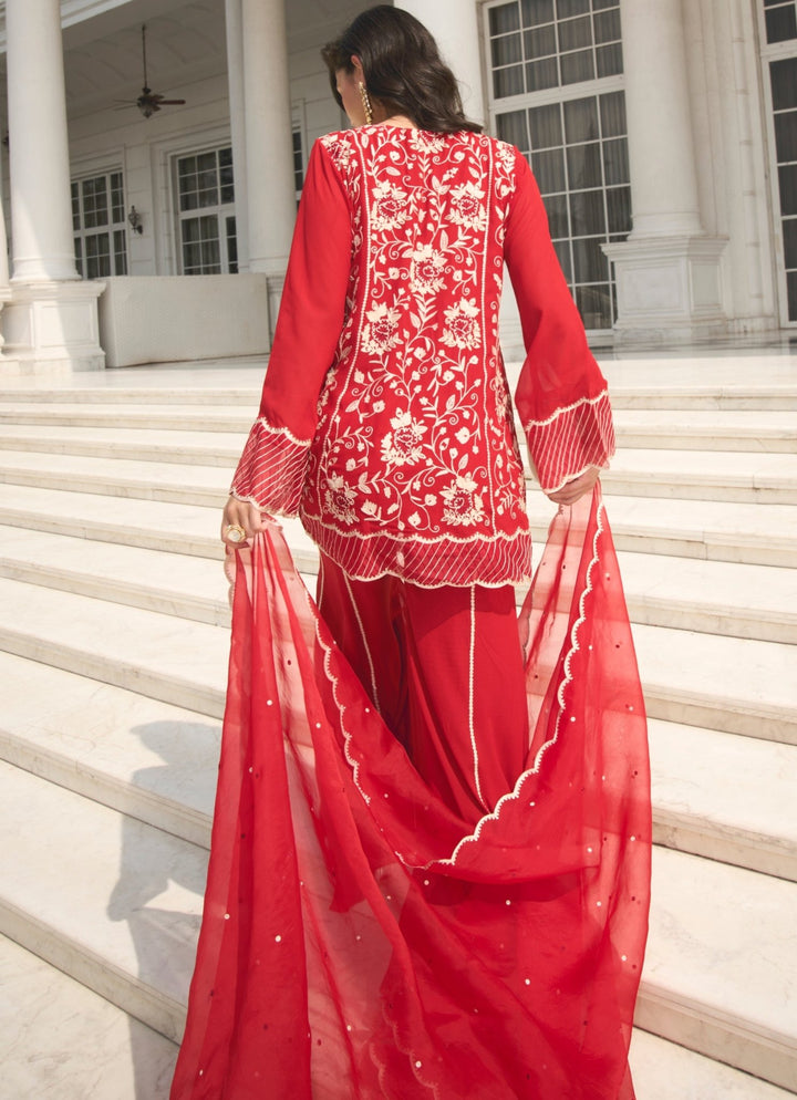 Red Embroidered Georgette Kurta Pant Set Sanya Gulati - Fabilicious Fashion