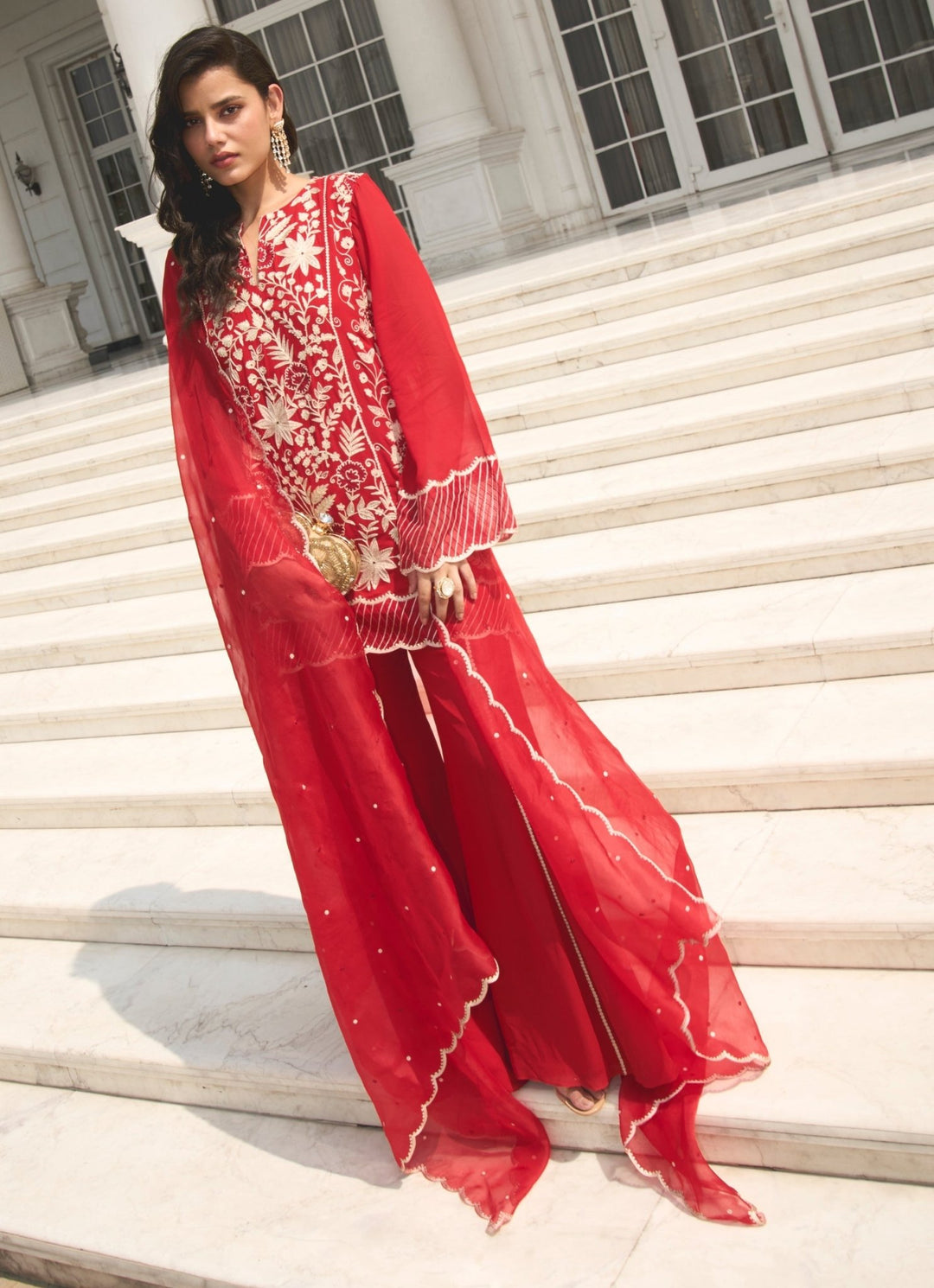 Red Embroidered Georgette Kurta Pant Set Sanya Gulati - Fabilicious Fashion