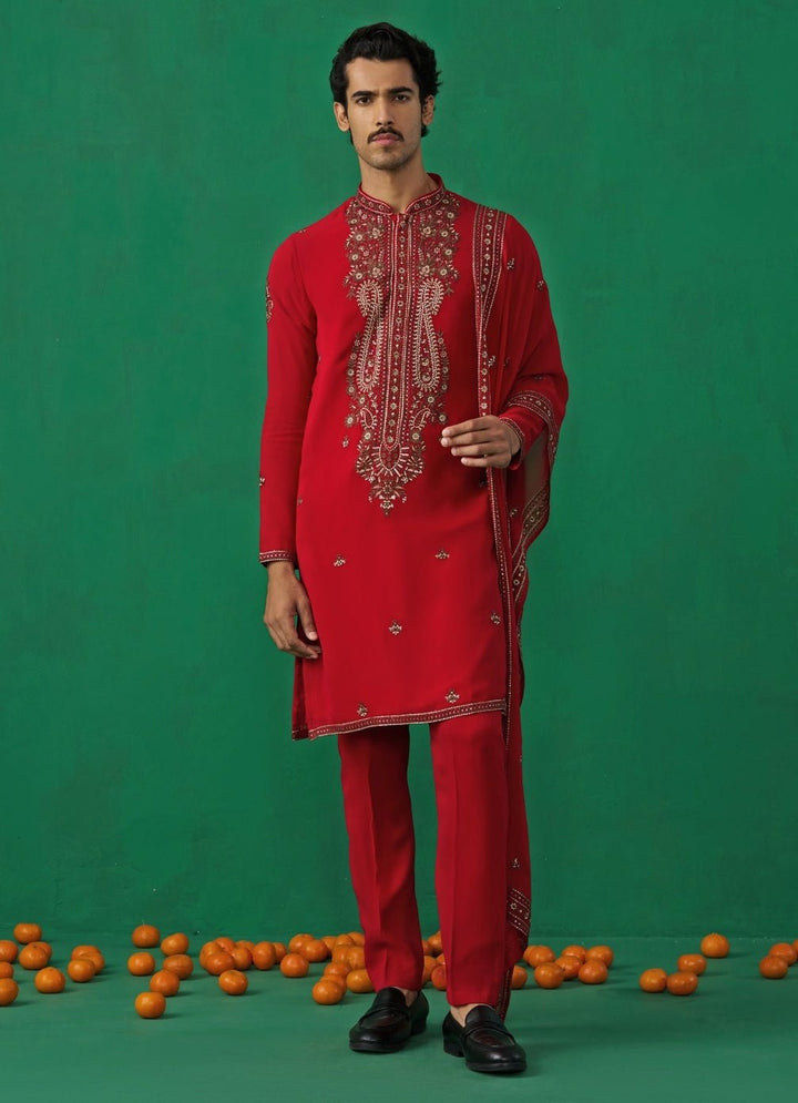 Red Embroidered Georgette Kurta Set Kalpraag - Fabilicious Fashion