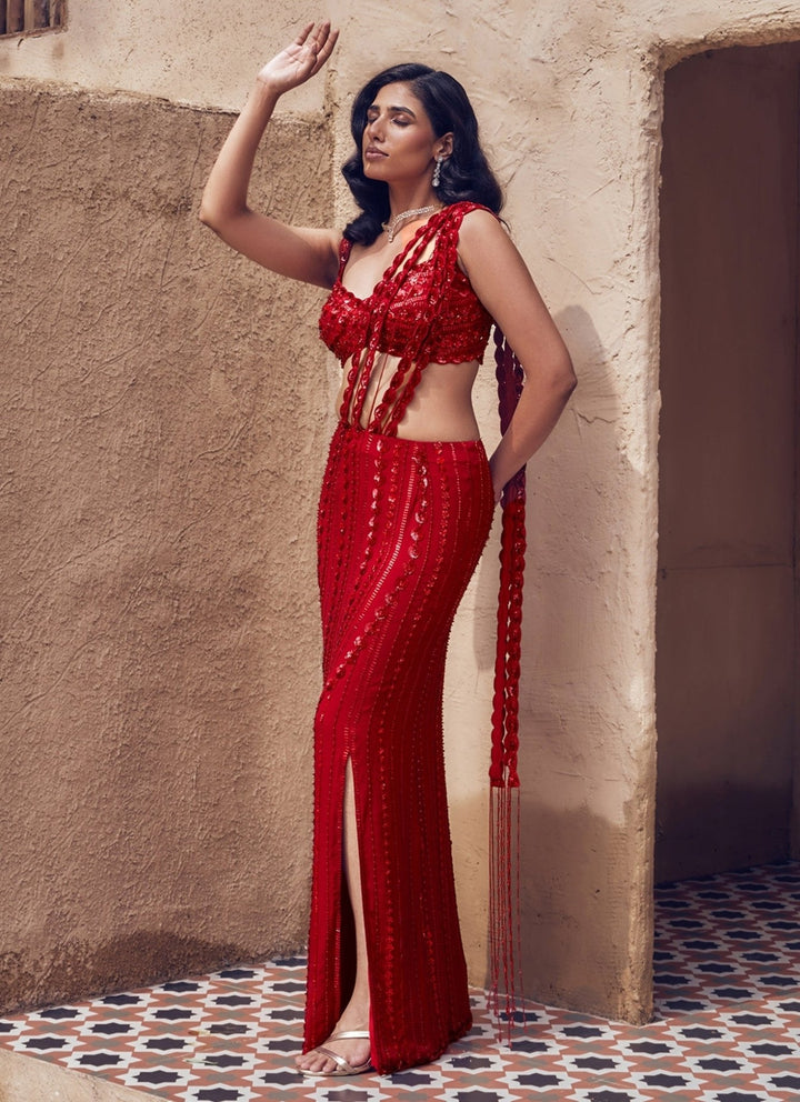 Nidhika Shekhar Red Embroidered Georgette Pre-Draped SareeFabilicious Fashion