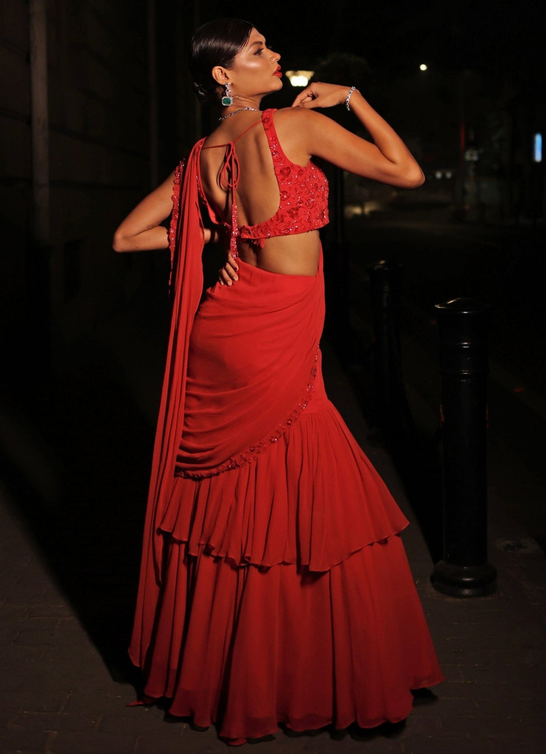 Red Embroidered Georgette Ruffle Pre - Draped Saree Kiyohra - Fabilicious Fashion