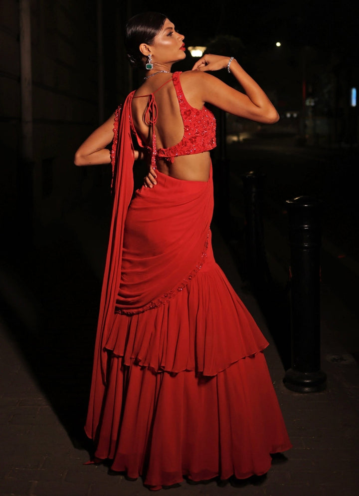 Red Embroidered Georgette Ruffle Pre - Draped Saree Kiyohra - Fabilicious Fashion