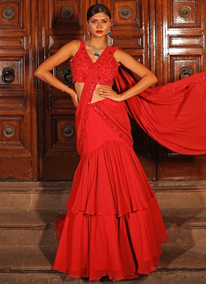 Red Embroidered Georgette Ruffle Pre - Draped Saree Kiyohra - Fabilicious Fashion