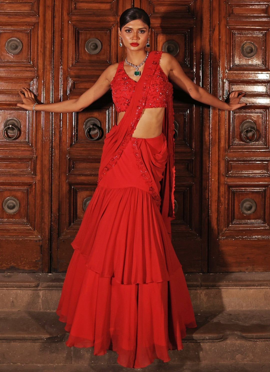 Red Embroidered Georgette Ruffle Pre - Draped Saree Kiyohra - Fabilicious Fashion