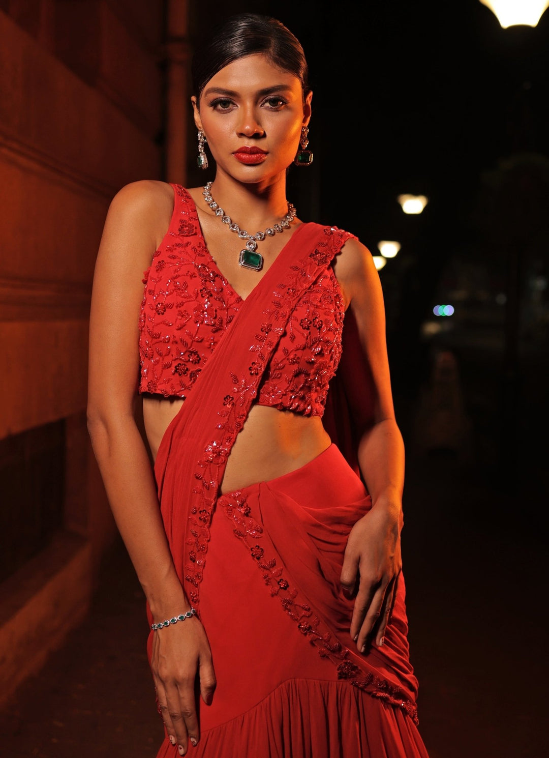 Red Embroidered Georgette Ruffle Pre - Draped Saree Kiyohra - Fabilicious Fashion