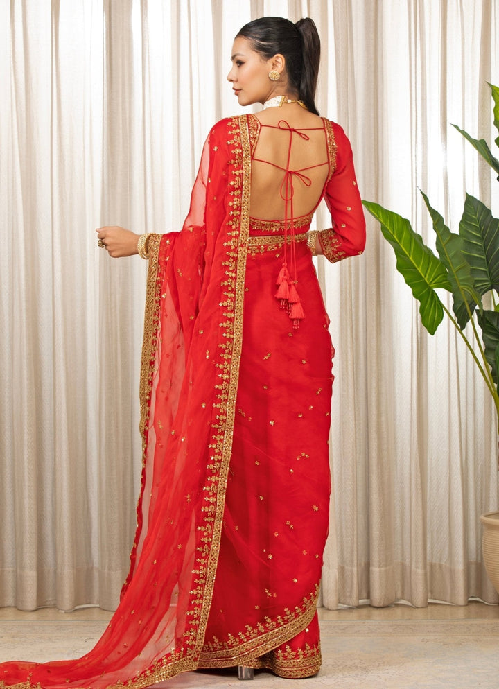 Red Embroidered Georgette Saree Set Esha Koul - Fabilicious Fashion