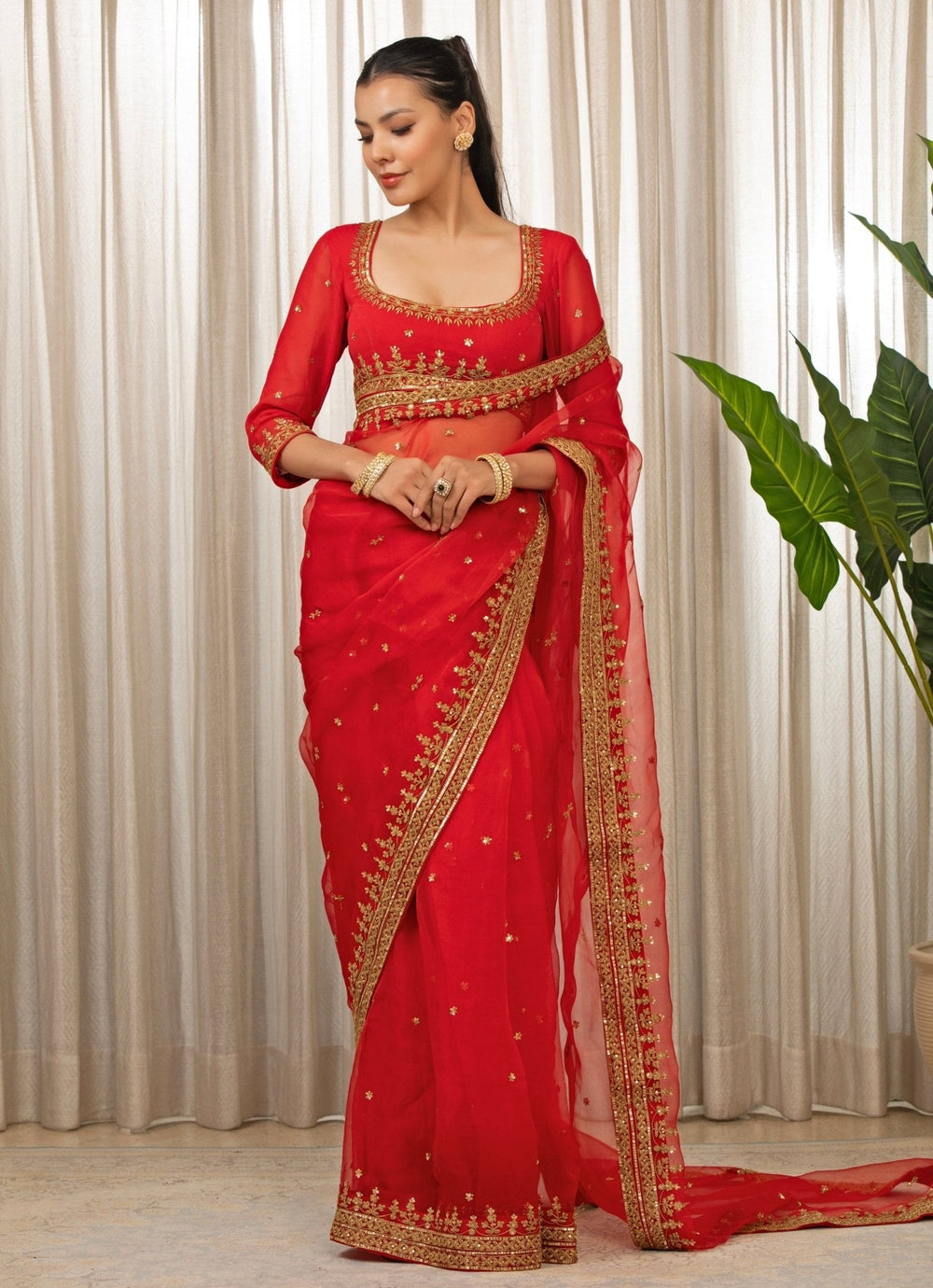 Red Embroidered Georgette Saree Set Esha Koul - Fabilicious Fashion