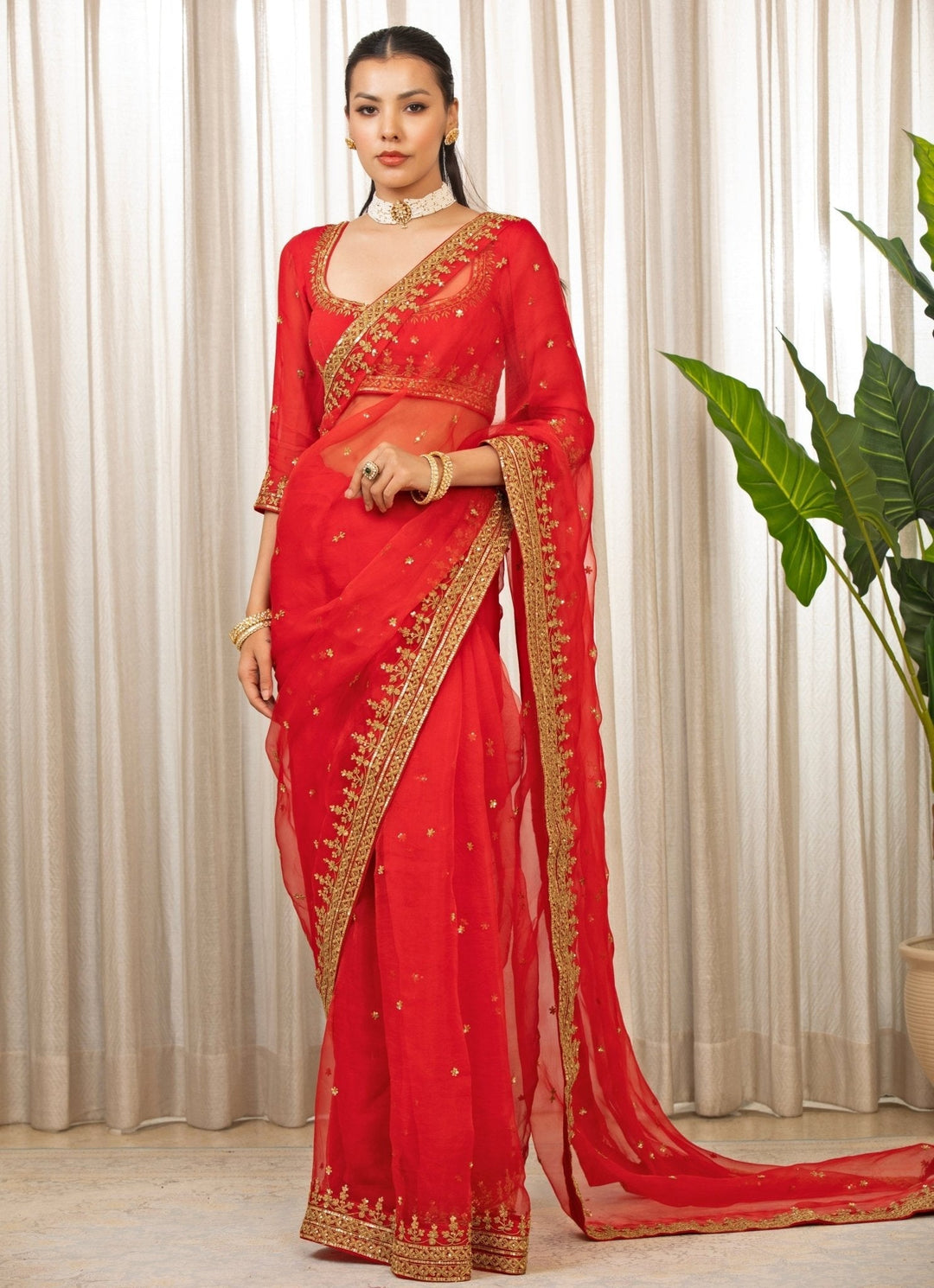 Red Embroidered Georgette Saree Set Esha Koul - Fabilicious Fashion