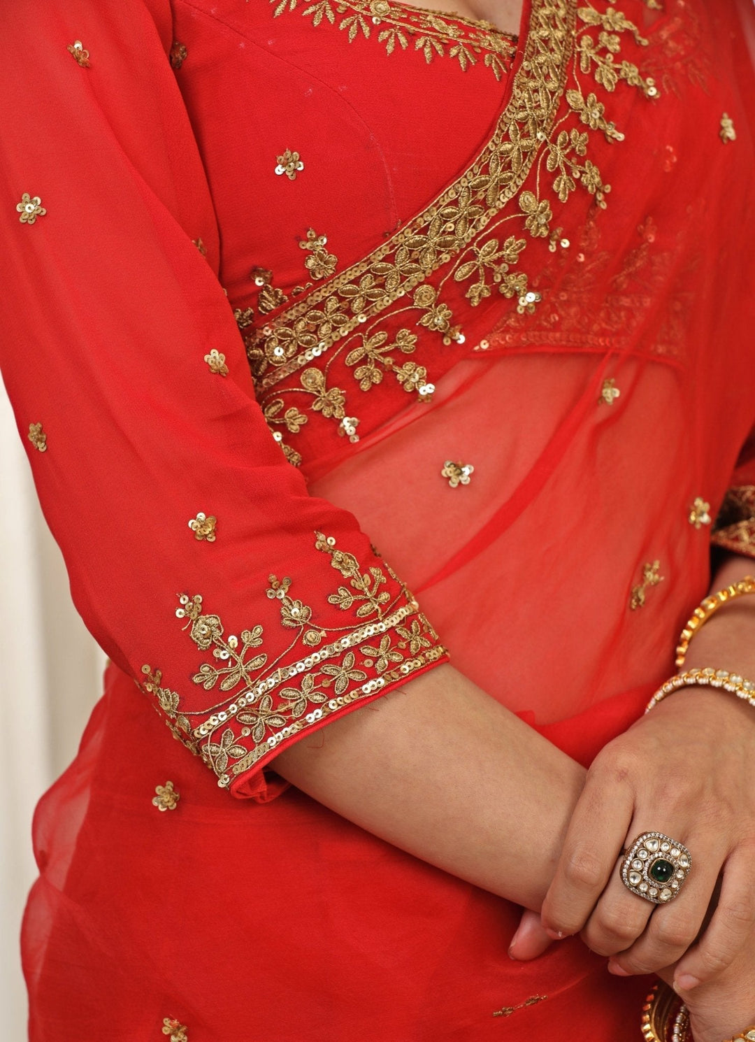 Red Embroidered Georgette Saree Set Esha Koul - Fabilicious Fashion
