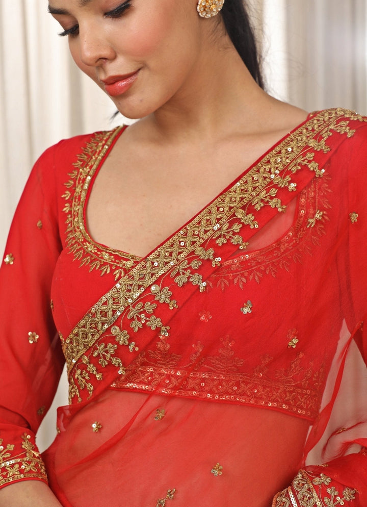 Red Embroidered Georgette Saree Set Esha Koul - Fabilicious Fashion