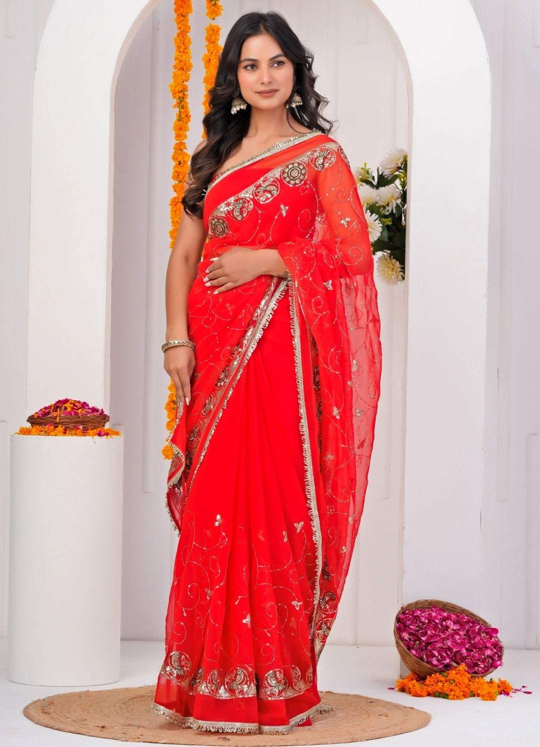 Geroo Jaipur Red Embroidered Georgette SareeFabilicious Fashion