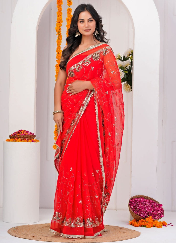 Geroo Jaipur Red Embroidered Georgette SareeFabilicious Fashion