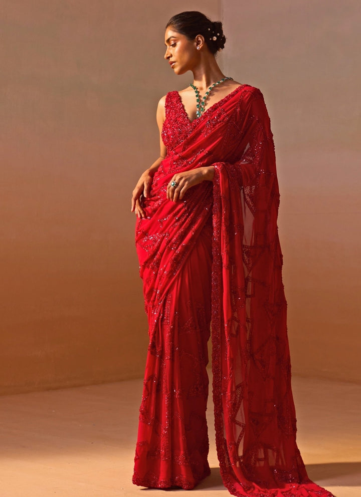 Nitika Gujral Red Embroidered Georgette SareeFabilicious Fashion