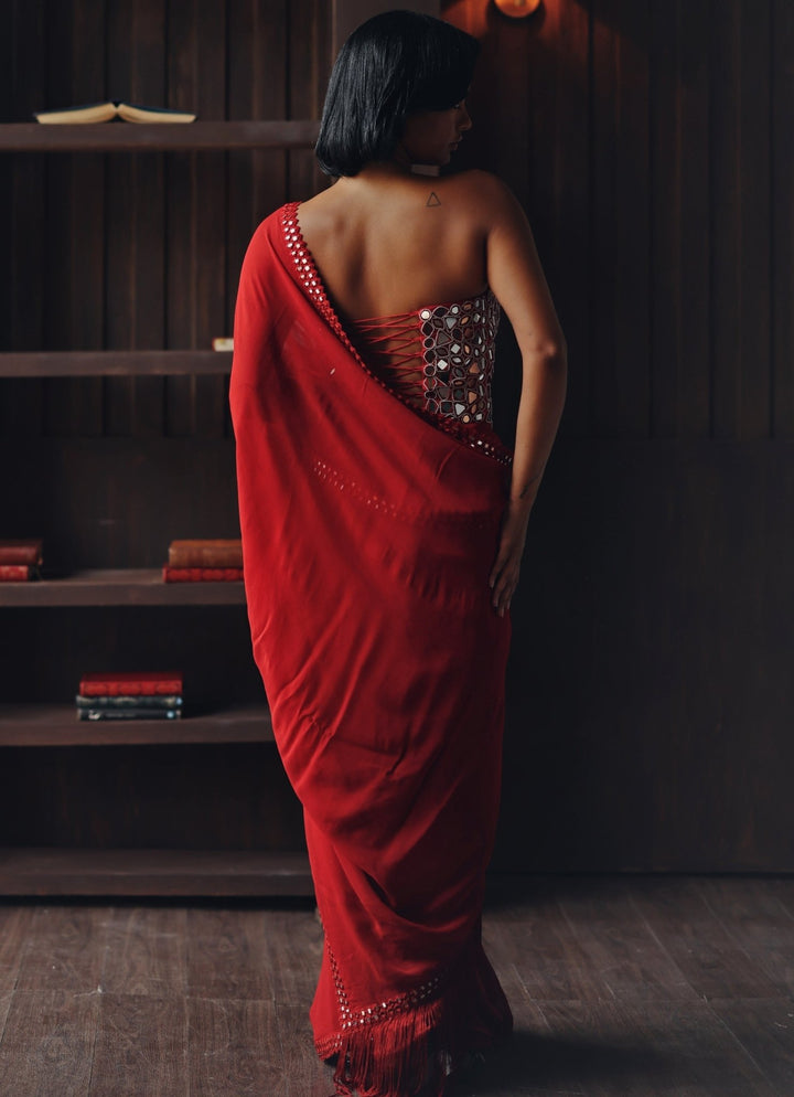 Red Embroidered Georgette Scallop Saree With Corset Twenty Nine - Fabilicious Fashion