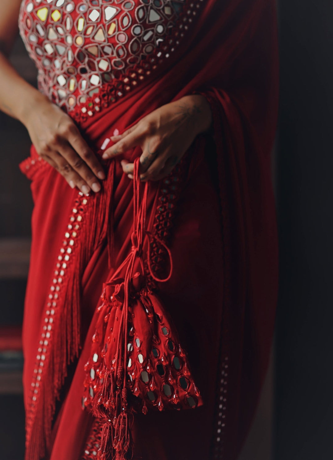 Red Embroidered Georgette Scallop Saree With Corset Twenty Nine - Fabilicious Fashion