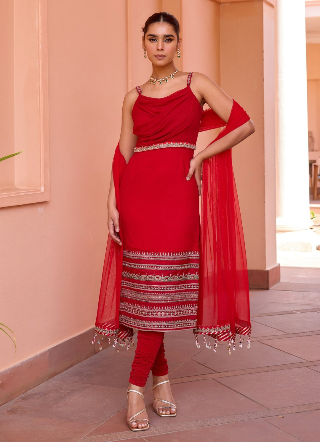 Red Embroidered Georgette Straight Kurta Set Isha Gupta Tayal - Fabilicious Fashion
