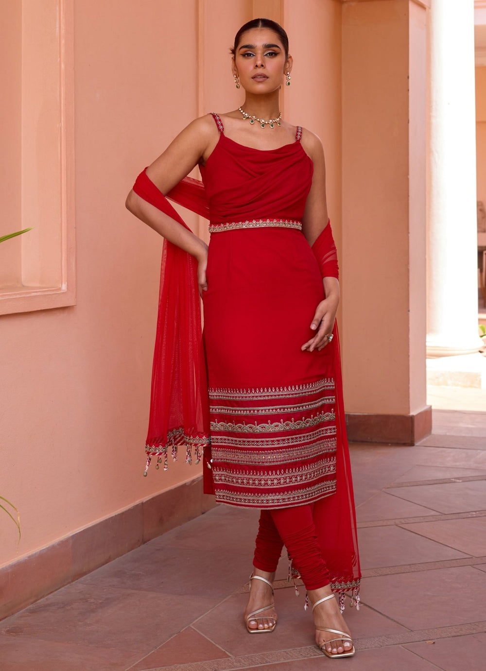 Red Embroidered Georgette Straight Kurta Set Isha Gupta Tayal - Fabilicious Fashion