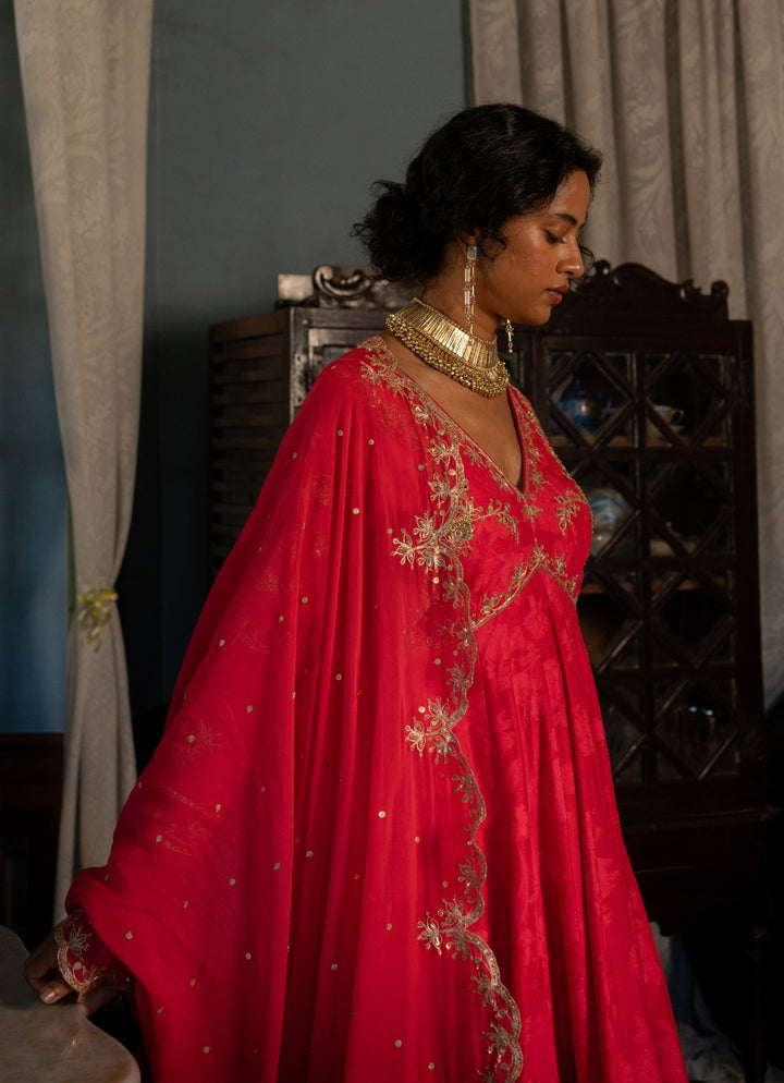 Red Embroidered Jacquard Anarkali Set Paulmi and Harsh - Fabilicious Fashion