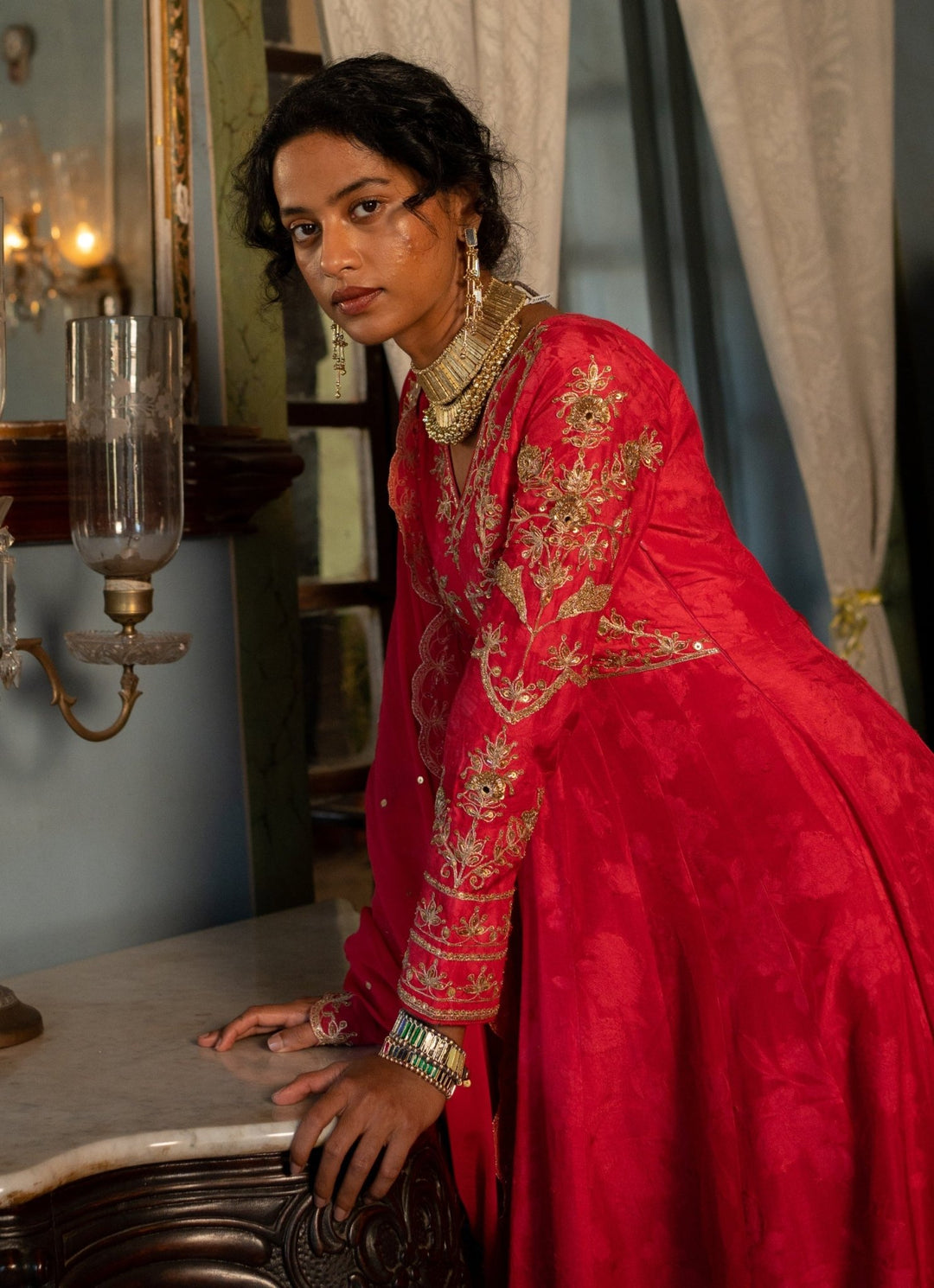 Red Embroidered Jacquard Anarkali Set Paulmi and Harsh - Fabilicious Fashion