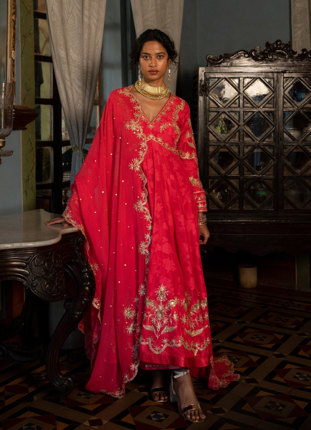 Red Embroidered Jacquard Anarkali Set Paulmi and Harsh - Fabilicious Fashion