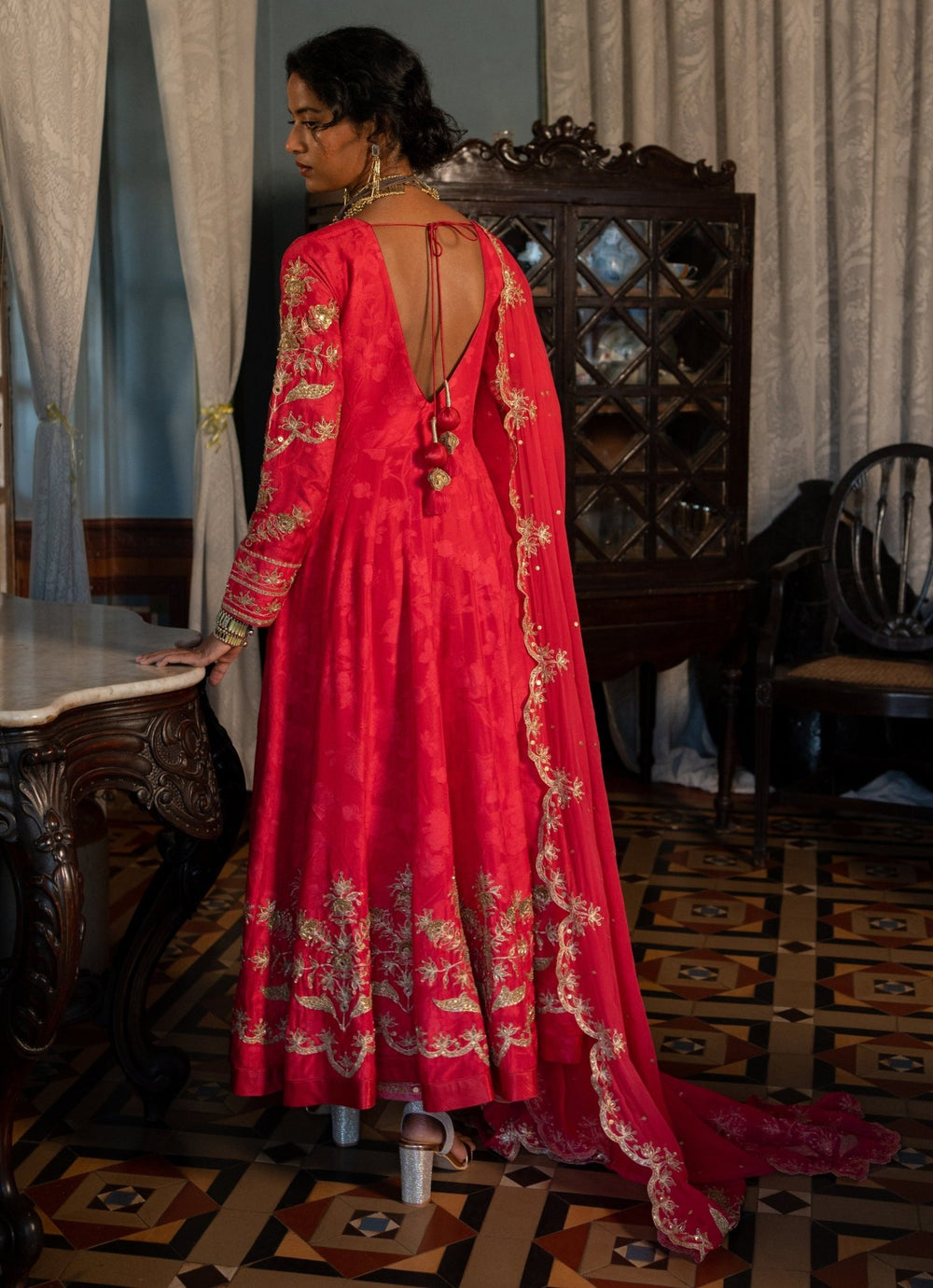 Red Embroidered Jacquard Anarkali Set Paulmi and Harsh - Fabilicious Fashion