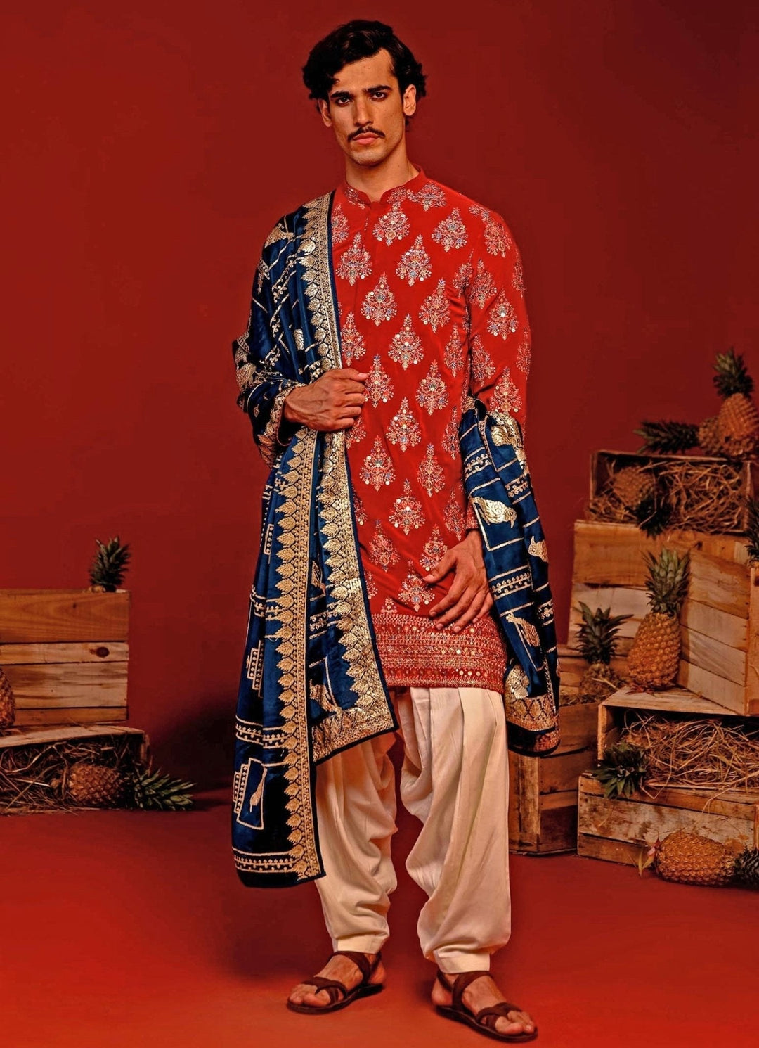 Red Embroidered Kurta Patiala Set With Contrast Dupatta Kalpraag - Fabilicious Fashion