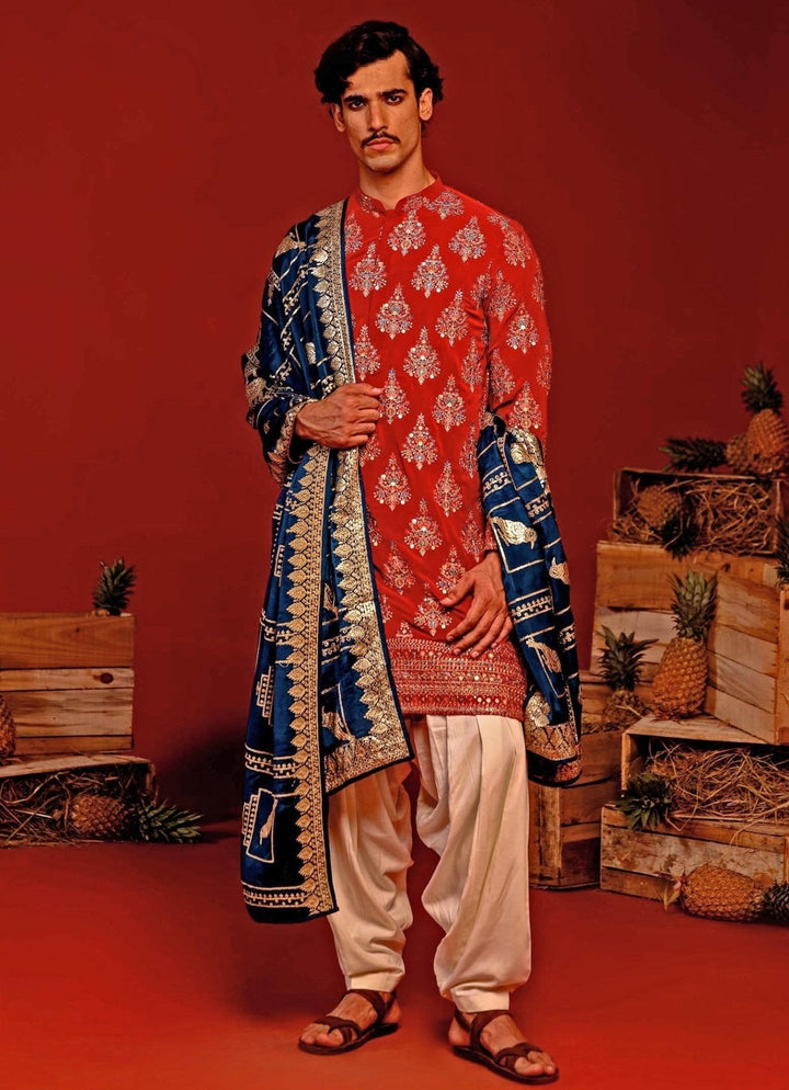 Red Embroidered Kurta Patiala Set With Contrast Dupatta Kalpraag - Fabilicious Fashion