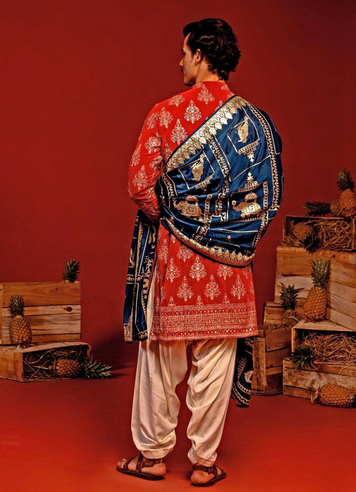 Red Embroidered Kurta Patiala Set With Contrast Dupatta Kalpraag - Fabilicious Fashion