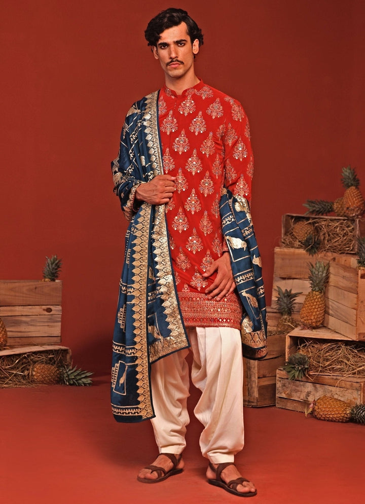 Red Embroidered Kurta Patiala Set With Contrast Dupatta Kalpraag - Fabilicious Fashion