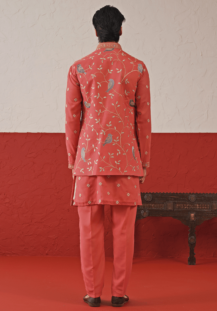 Red Embroidered Kurta Set With Jacket Kalpraag - Fabilicious Fashion
