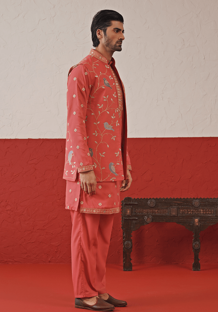 Red Embroidered Kurta Set With Jacket Kalpraag - Fabilicious Fashion